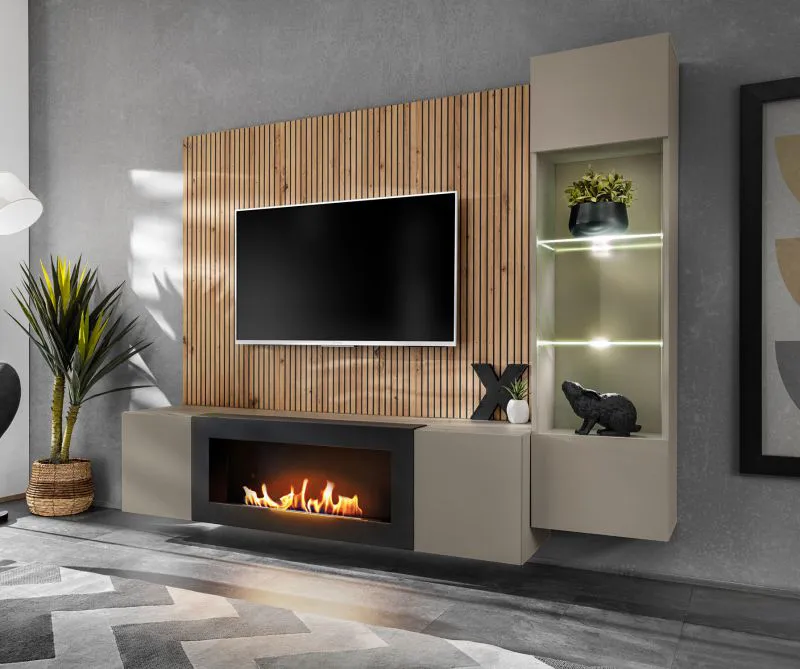 Wall unit | color: clay grey / oak Artisan | push-to-open function | bio-ethanol fireplace | 200 x 40 x 158 cm | incl. LED lighting | 1 display cabinet | 1 TV base unit