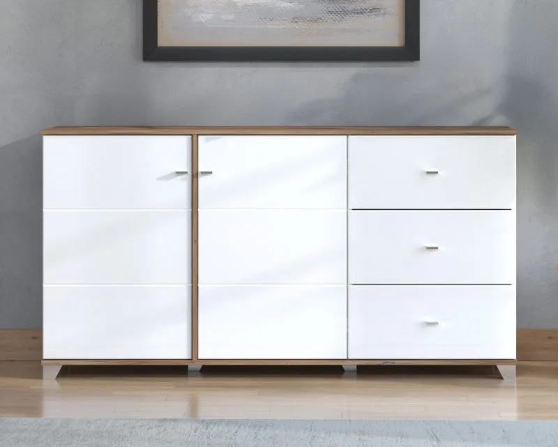 Sideboard with Four Compartments Kanjiza 06 | Oak Flagstaff & White High Gloss | 3 Drawers, 2 Doors | 85 x 162 x 40 cm