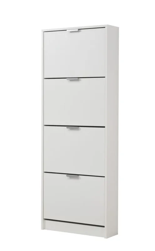 Narrow Shoe Cabinet Veliko 06 | 4 Hinged Doors | White with Grey Handles | 155.5 x 58 x 18 cm | Modern Design