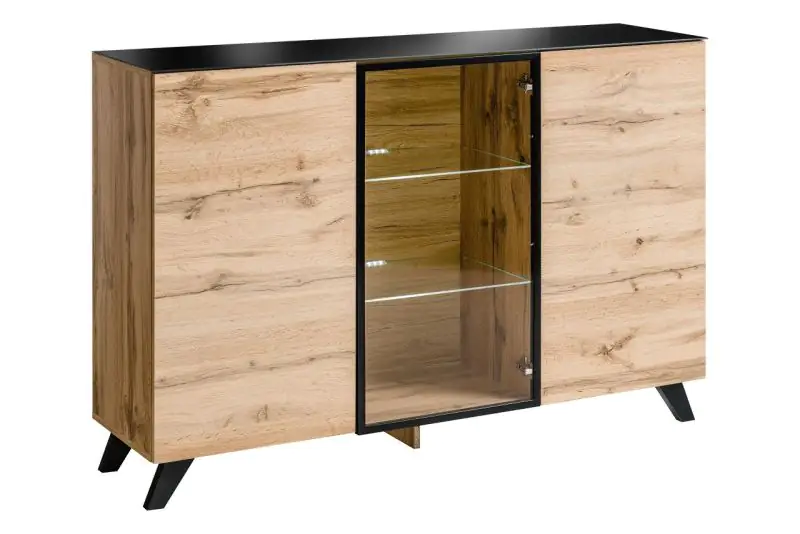Chest of drawers with LED lighting Nautnes 06, color: oak Wotan / black - Dimensions: 100 x 150 x 40 cm (H x W x D), with nine compartments