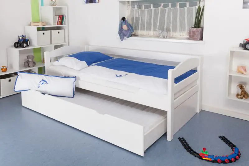 Kid bed "Easy Premium Line" K1/h/s incl. 2nd couch and 2 cover panels, 90 x 200 cm solid beech wood solid White lacquered