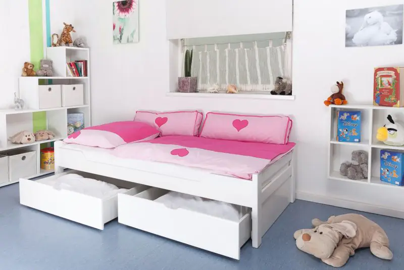 Children's bed / Youth bed  "Easy Premium Line" K1/1n incl. 2 drawer and 2 cover plates, solid beech wood, white finish - 90 x 200 cm