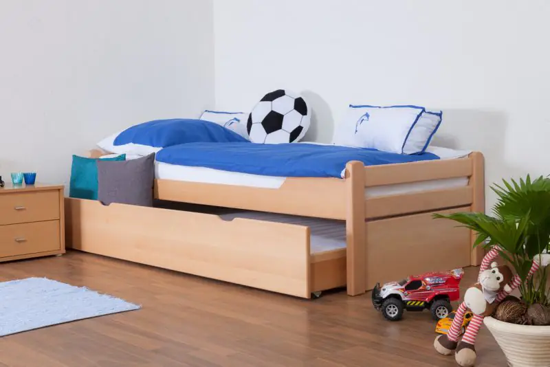 Children's bed / kid bed "Easy Premium Line" K1/1h incl. 2nd kid bed and 2 cover panels, 90 x 200 cm, solid beech wood nature