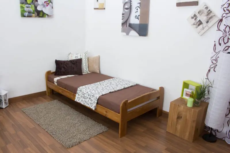 Single bed A11, solid pine wood, oak finish, incl. slatted frame - 90 x 200 cm