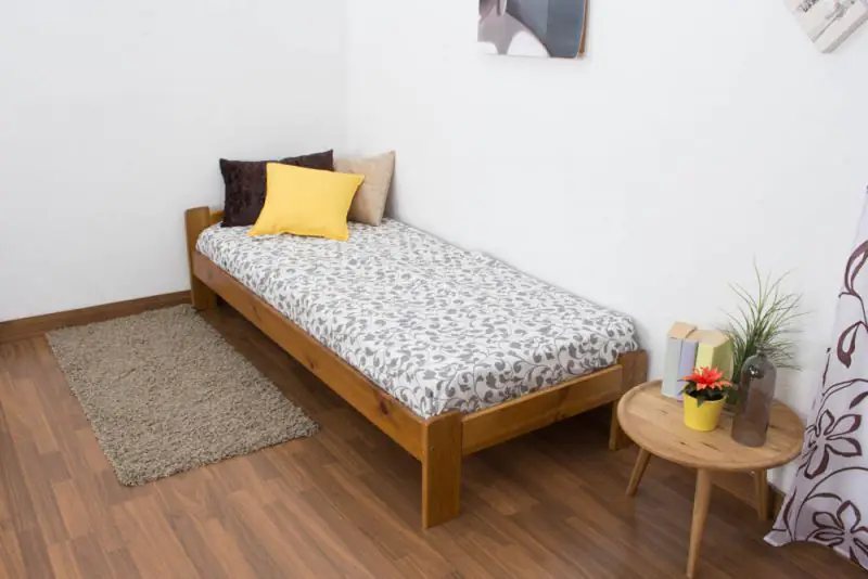Single bed/guest bed pine solid wood oak colored A8, including slatted grate - Dimensions: 80 x 200 cm