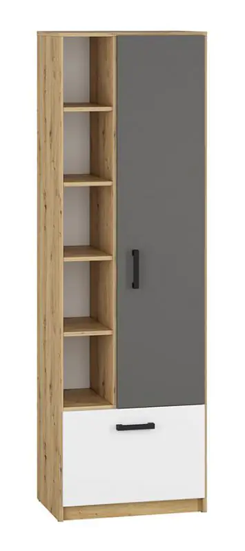 Children's room - Wardrobe Sallingsund 03, Colour: Oak / White / Anthracite - Measurements: 191 x 60 x 40 cm (H x W x D), with 1 door, 1 drawer and 9 compartments