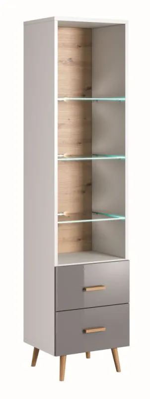 Shelf Hohgant 10 | White / Grey High Gloss | 209 x 50 x 42 cm | Modern Storage with Drawers & Glass Shelves