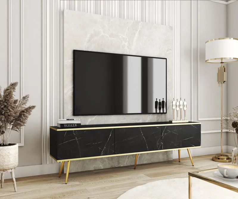 Wide TV Cabinet Horsham 51 | Black Marble Finish | Push-to-Open | 3 Tilting Compartments | Gold Legs | Wall-Mountable