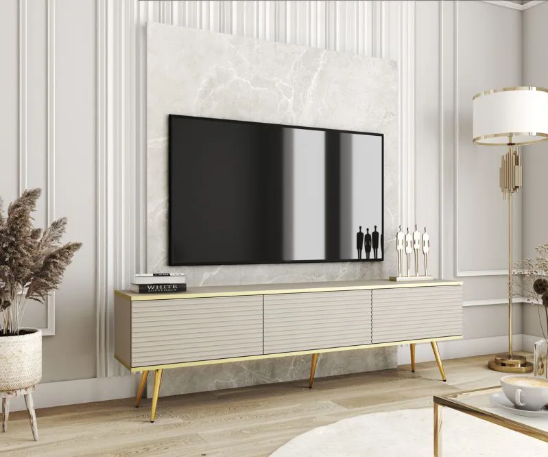 TV Cabinet Horsham 43 | Beige Ribbed Front | Gold Legs | Push-to-Open | 175 cm Wide