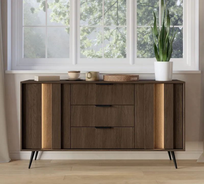 Chest of drawers | color: Dunin oak | 3 drawers | incl. LED lighting | 154 x 40 x 83 cm | 2 doors | soft-close function | 4 compartments | sideboard | slim metal legs