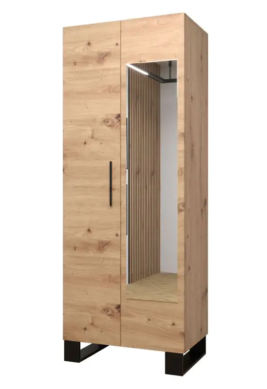 Elegant wardrobe with mirror Morteratsch 02, Colour: Oak / Black - Measurements: 196 x 74 x 46 cm (H x W x D), with two compartments and a clothes rail.