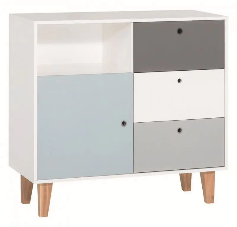 Children's room - Chest of drawers Syrina 08, Colour: White / Grey / Blue - Measurements: 96 x 103 x 45 cm (h x w x d)