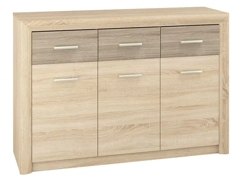 Chest of drawers Mesquite 10, Colour: Sonoma Oak Light / Sonoma Oak Truffle - Measurements: 91 x 138 x 40 cm (H x W x D), with 3 doors, 3 drawers and 6 compartments