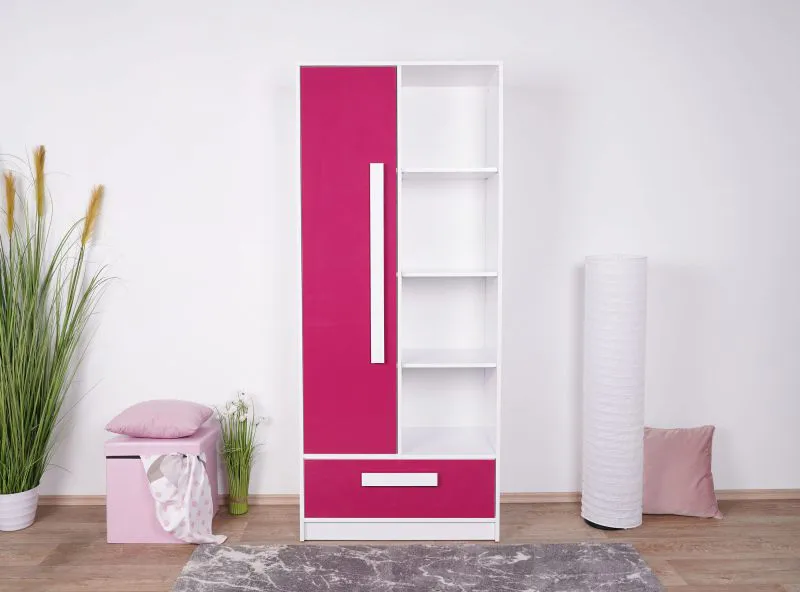 Children's Wardrobe Walter 03 | White & Pink High Gloss | 191 x 80 x 40 cm | Modern Hinged Door