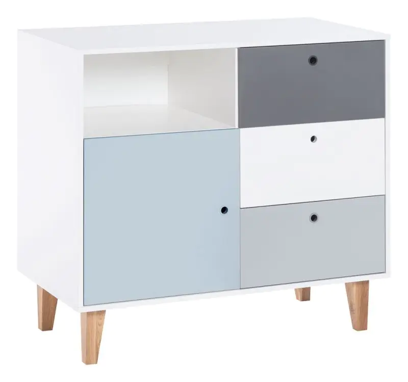 Children's room - Chest of drawers Syrina 03, Colour: White / Grey / Blue - measurements: 97 x 104 x 55 cm (h x w x d)