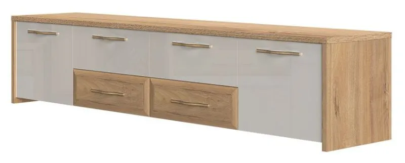 TV Base Cabinet Gataivai 26 | Beige High Gloss / Walnut | 219 cm Wide | 4 Drawers, 2 Doors | Modern Design