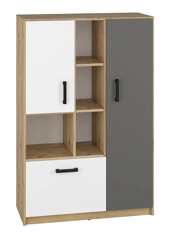 Children's room - Chest of drawers Sallingsund 05, Colour: Oak / White / Anthracite - Measurements: 139 x 92 x 40 cm (H x W x D), with 2 doors, 1 drawer and 9 compartments