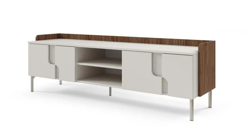 TV cabinet | color: cashmere / Alba walnut | 4 hinged doors | 4 compartments | 160 x 42 x 51 cm | push-to-open function | TV board | legs: metal