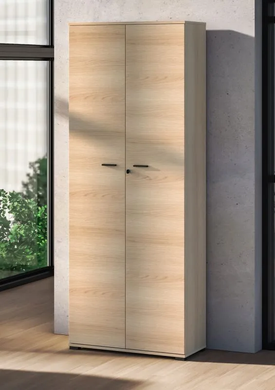 File Cabinet | Color: Lindberg Oak | 2 hinged doors | Soft-close feature | 5 compartments | Lockable doors | 79 x 34 x 203 cm | For the office and home office