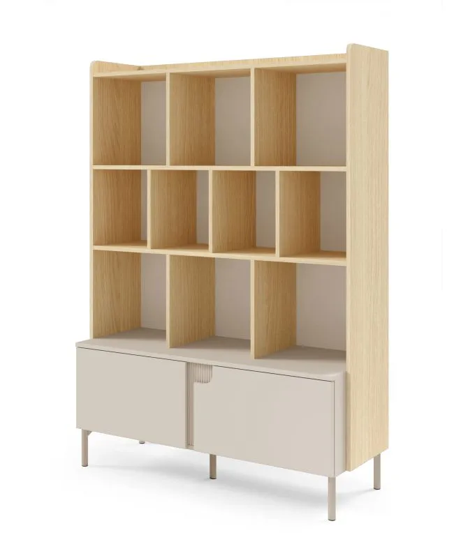 Shelf | color: oak mavelie / macadamia | bookcase | 1 revolving door | 1 drawer | 10 compartments | 113 x 42 x 160 cm | legs: metal | push-to-open function