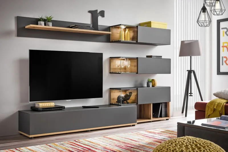 Wall Unit Bjordal 39 | Anthracite & Oak Wotan | 150 x 240 x 40 cm | LED Lighting | Modern Design
