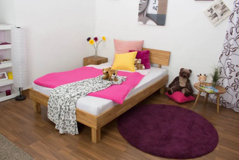 Solid Oak Youth Bed | Futon Style with Headboard | Oiled Finish | 120 x 200 cm Mattress | 25 mm Frame