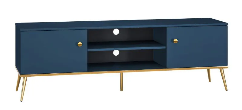 TV Base Cabinet Kumpula 05 | Dark Blue | 54 x 160 x 40 cm | 2 Doors, 4 Compartments | Gold Accents