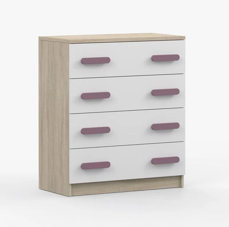 Chest of Drawers 80 cm Wide | White & Sonoma Oak | Violet Wooden Handles | Smolikas 06 | 4 Drawers | 90 x 80 x 40 cm | Kids & Youth