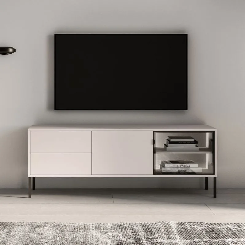 TV cabinet | cashmere | 2 drawers | 3 compartments | push-to-open function | incl. LED lighting | 1 glass door with aluminum frame | 160 x 40 x 59 cm | TV cabinet