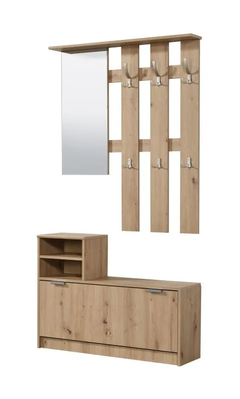 Wardrobe with Shoe Cabinet Banevo 01 | Artisan Oak Finish | Mirror | Six Hooks | 191.5 x 100 x 29 cm | ABS Edge Protection