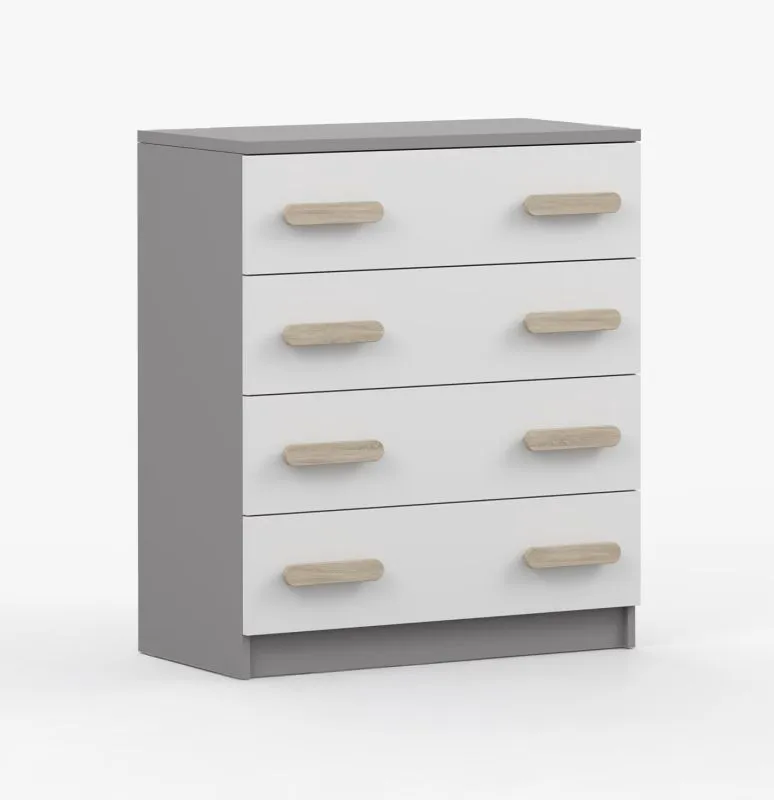 Chest of Drawers 80 cm Wide | White & Gray | Smolikas 15 | 4 Drawers | Sonoma Oak Handles | 90 x 80 x 40 cm | Kids & Teens
