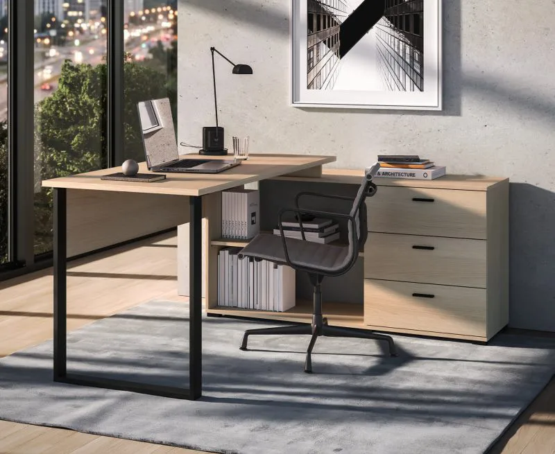 Corner Desk | Color: Lindberg Oak | 3 drawers | 168 x 133 x 77 cm | for the office and home office | 2 compartments | adjustable desk width | lockable