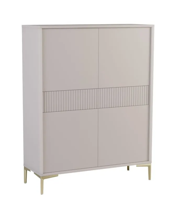 Modern Chest of Drawers Chabrey 06 | Beige | 133 x 103 x 38 cm | Gold Metal Feet | 2 Ribbed Drawers | 8 Compartments | 4 Doors