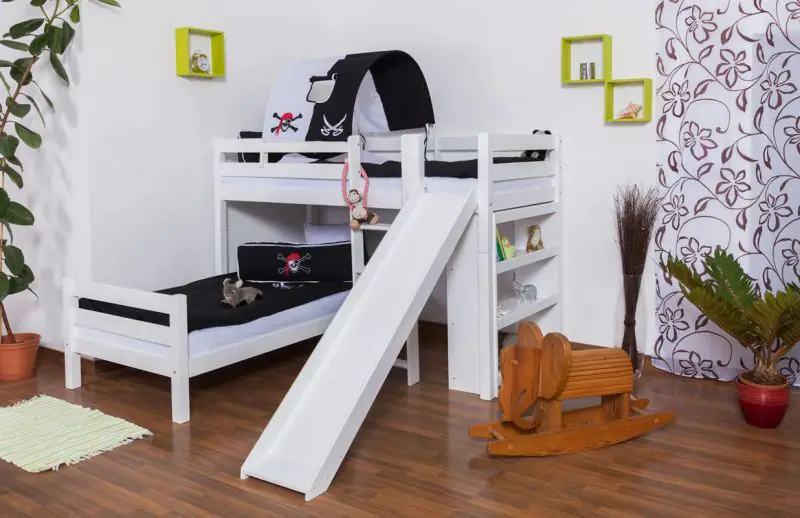  L-Shaped Bunk bed Moritz, solid beech wood, with shelf and slide, white finish, incl. slatted frames - 90 x 200 cm