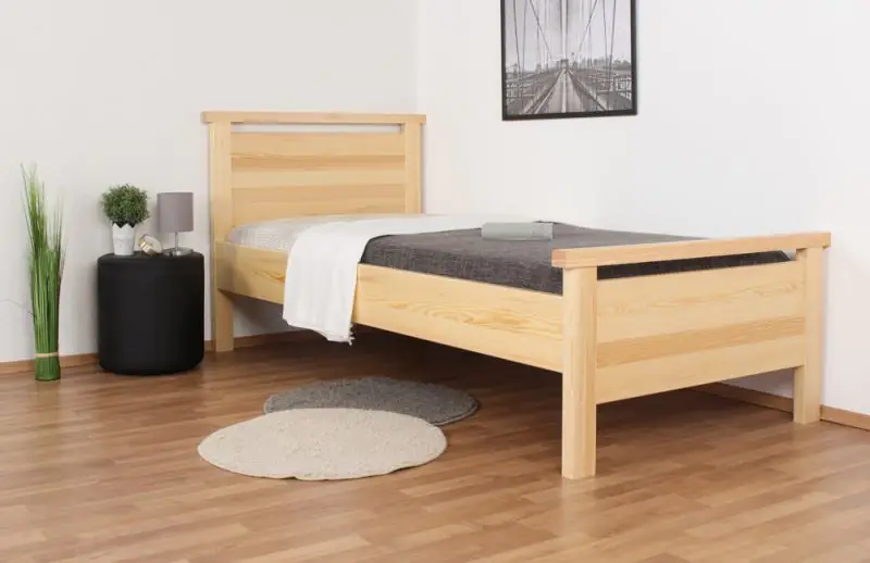 Single bed / Guest bed 70B, solid pine wood, clear finish, incl. slatted bed frame - 90 x 200 cm