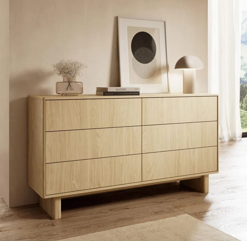 Chest of drawers | color: oiled oak | 6 drawers | push-to-open function | full-extension drawers | 153 x 38 x 83 cm | sideboard | for living room