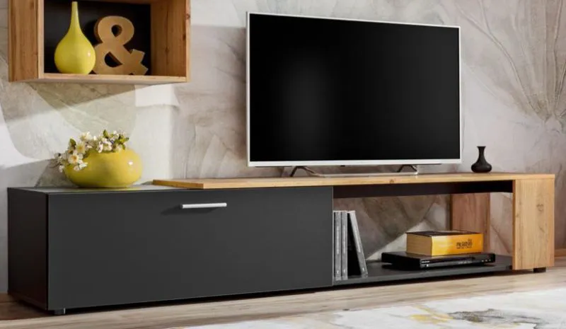 Extraordinary TV Cabinet Bjordal 07 | Black Matt & Oak Wotan | 39 x 200 x 40 cm | Modern Storage