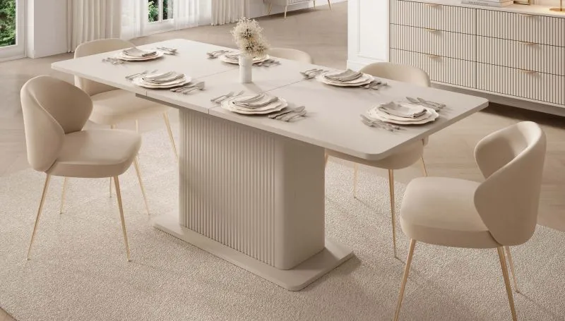Extendable dining table | beige | 160-200 x 90 x 75 cm | ABS edges | modern slatted design | extendable up to 200 cm | for dining room