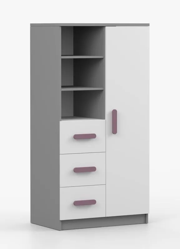 Smolikas 38 Bookcase | 80 cm Wide | White & Gray | 3 Drawers | 7 Compartments | Purple Handles | 159 x 80 x 40 cm | Kids & Teens