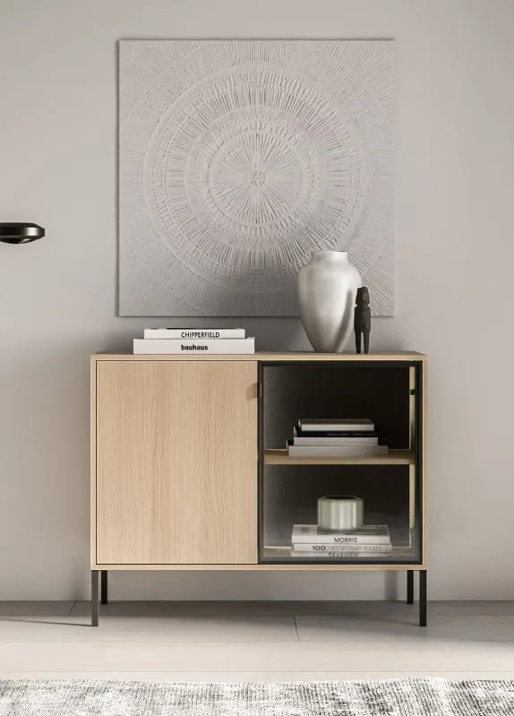Chest of drawers | small | color: Lindberg oak | 1 glass door with aluminum frame | 4 compartments | incl. LED lighting | push-to-open function | 107 x 40 x 86 cm | legs: metal