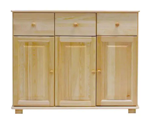 Sideboard 043, 3 door, 3 drawer, solid pine wood, clearly varnished - 100H x 118W x 47D cm 