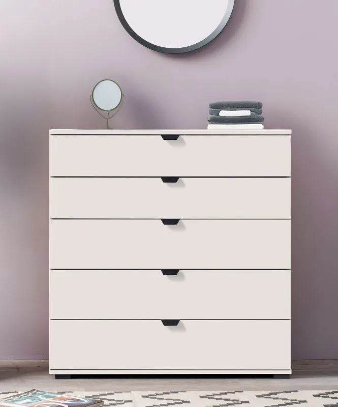 Modern White Chest of Drawers Pecini 01 | 5 Spacious Drawers | Black Handles & Legs | 95 x 90 x 40 cm | Living Room Storage