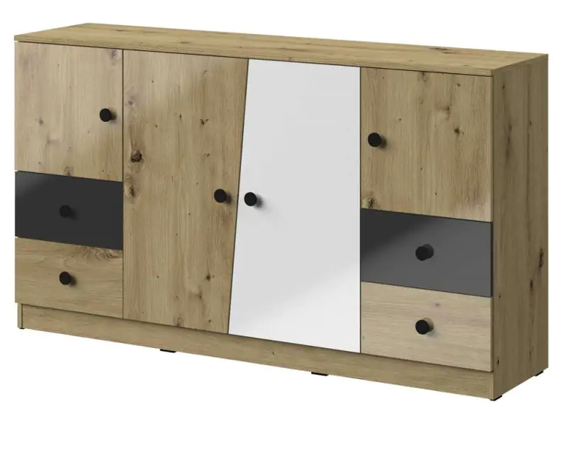Chest of drawers Sirte 06, Colour: Oak / White / Black high gloss - Measurements: 90 x 160 x 40 cm (H x W x D)