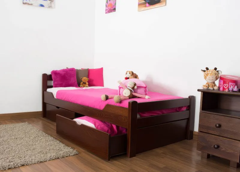 Children’s Bed / Youth Bed Easy Premium Line K1/2n | 2 Drawers & Cover Panels | 90 x 200 cm | Solid Beech Wood Dark Brown