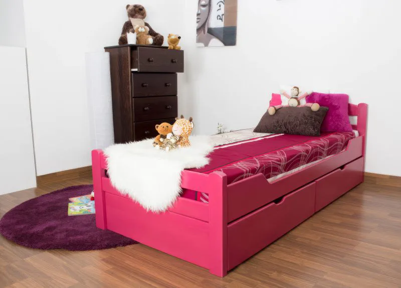 Children's Bed | Youth Bed Easy Premium Line K1/2n | 90 x 200 cm | Solid Beech Wood | Pink | 2 Drawers & Cover Panels