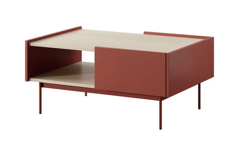 Modern Coffee Table Cascob 04 | 97 x 65 x 45 cm | Ceramic Red & Oak | 2 Drawers | Practical Compartment | ABS Edges | Robust Build