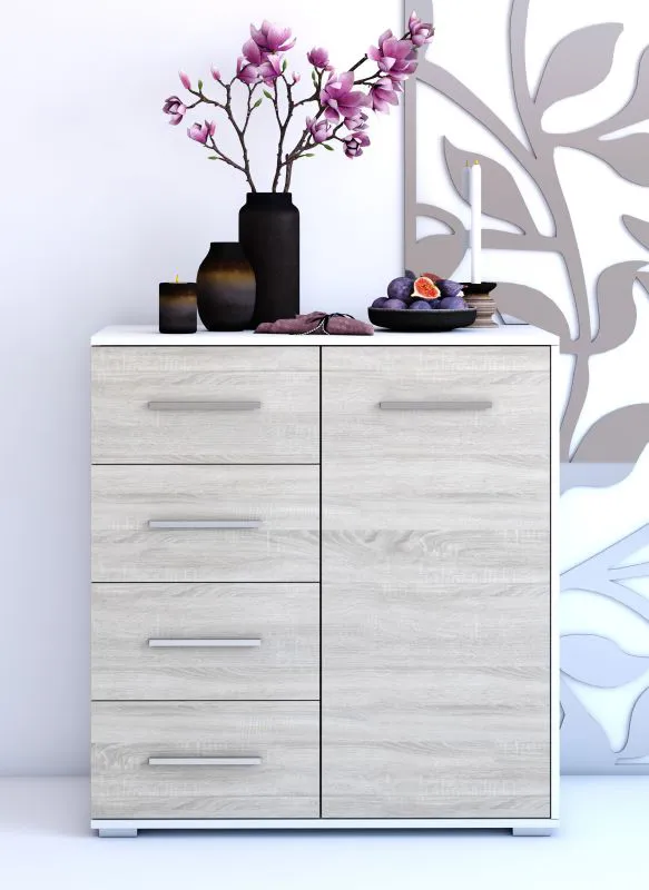 Chest of Drawers | 96 x 90 x 45 cm | Oak & White | Comarca 04 | 1 Door | 4 Drawers | Sleek Two-Tone Design