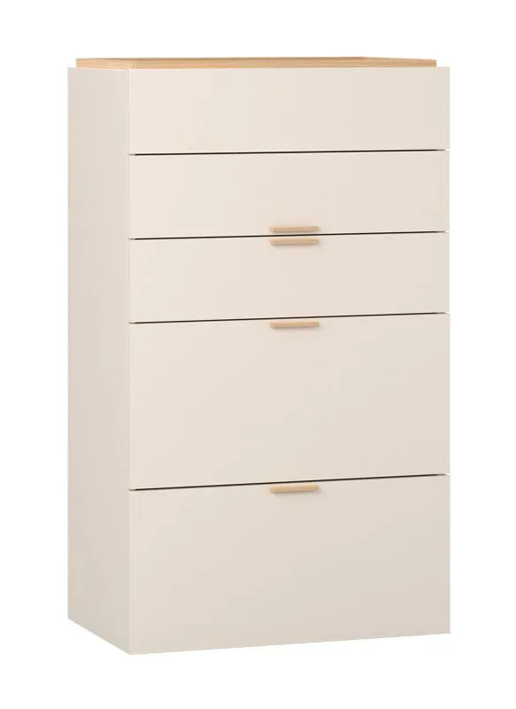 Chest of Drawers Beige | Oak Handles | 5 Asymmetrical Soft-Close Drawers | 75 x 42 x 127.5 cm | Scratch-Resistant
