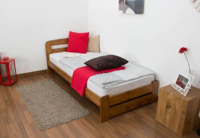 Single bed A7, solid pine wood, oak finish, incl. slatted frame - 90 x 200 cm