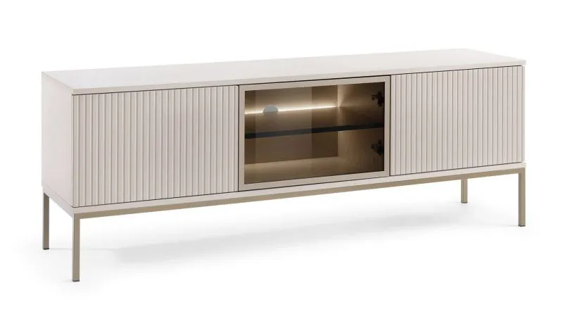 Elegant TV Cabinet in Cashmere | Push-to-Open | 56 x 154 x 39 cm | 3 Doors & 4 Compartments | LED Lighting